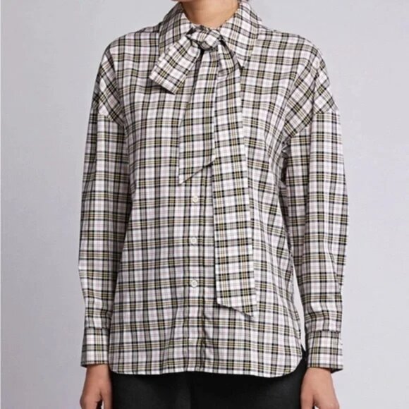 TIBI Kingston Plaid Neck Tie Button Up Shirt Size S Back Zip Long Sleeve Cotton - Picture 2 of 13